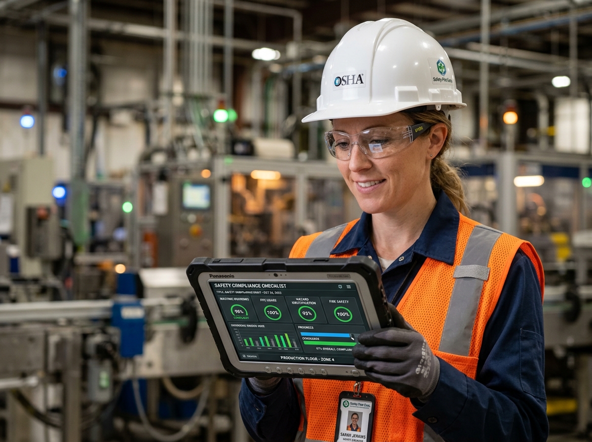 Safety engineer conducting an occupational health and safety compliance audit using a digital tablet